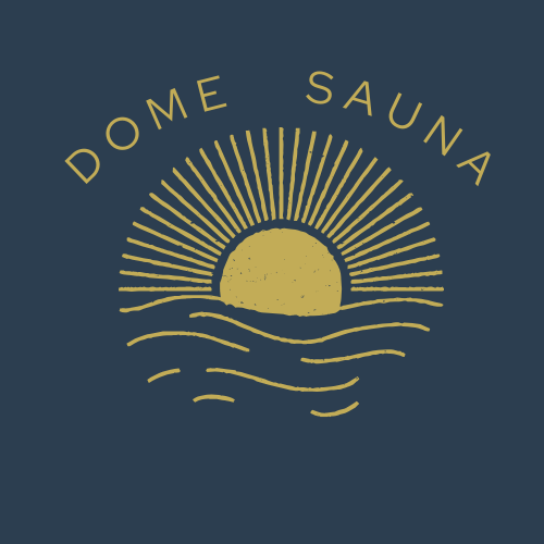 Logo af en solopgang med teksten Dome Sauna oven over solstrålerne